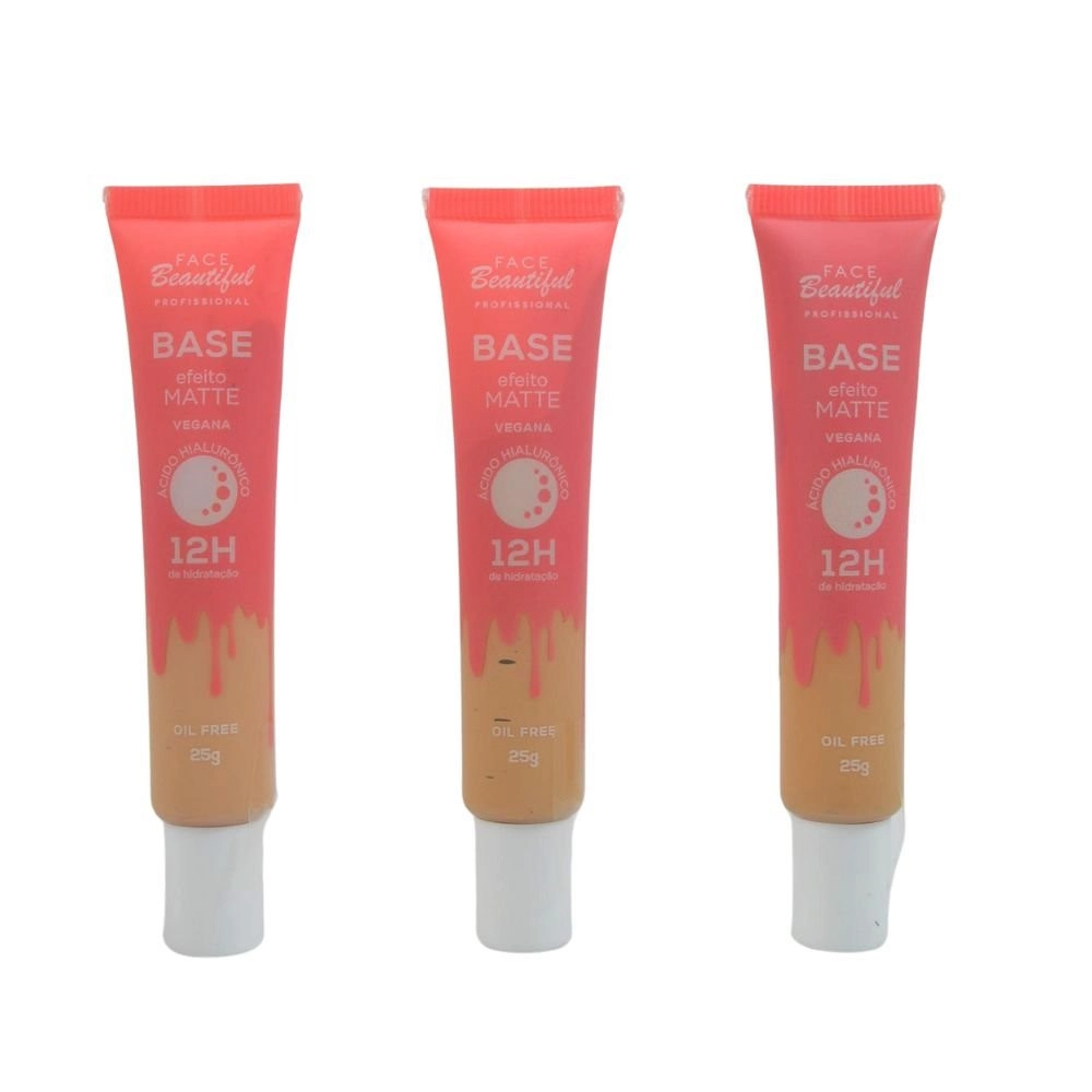  Kit 3 Base Vegana Profissional Efeito Matte 12H de Hidratação Face Beautiful FB444 